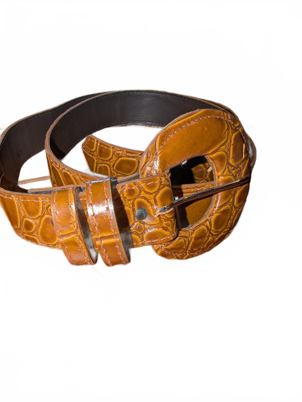 Brown Crocodile Pattern Leather Belt With Round Buckle